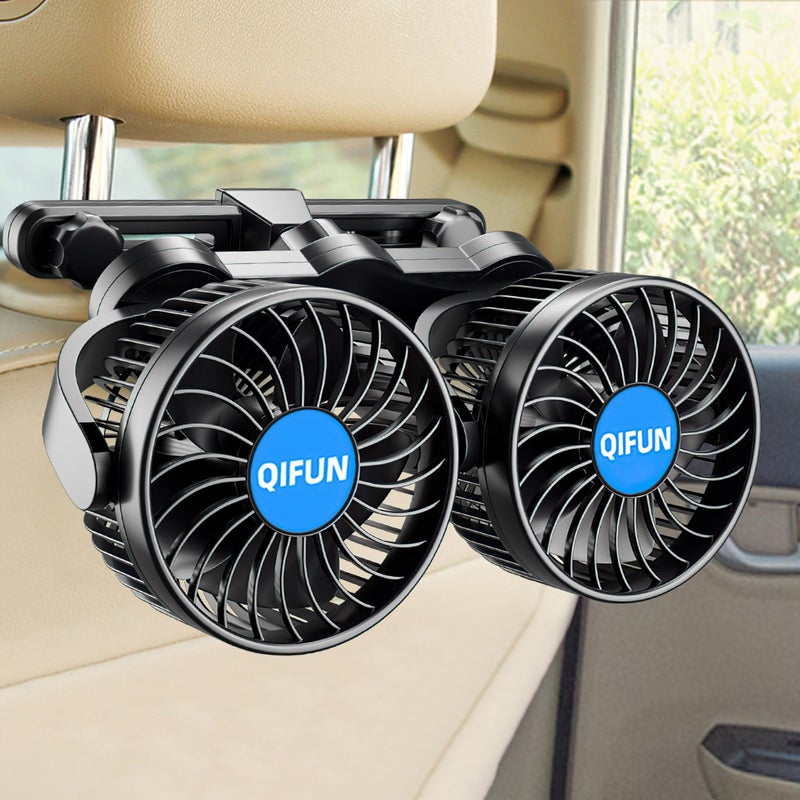 QIFUN 12V Car Fan, Portable Car Fan Cool Gadgets for Rear Seat Passenger, 4'' Headrest 360Â° Rotatable Backseat Car Cooling with Stepless Speed Regulation for Vehicles, SUV, RV, Boat - Image 1
